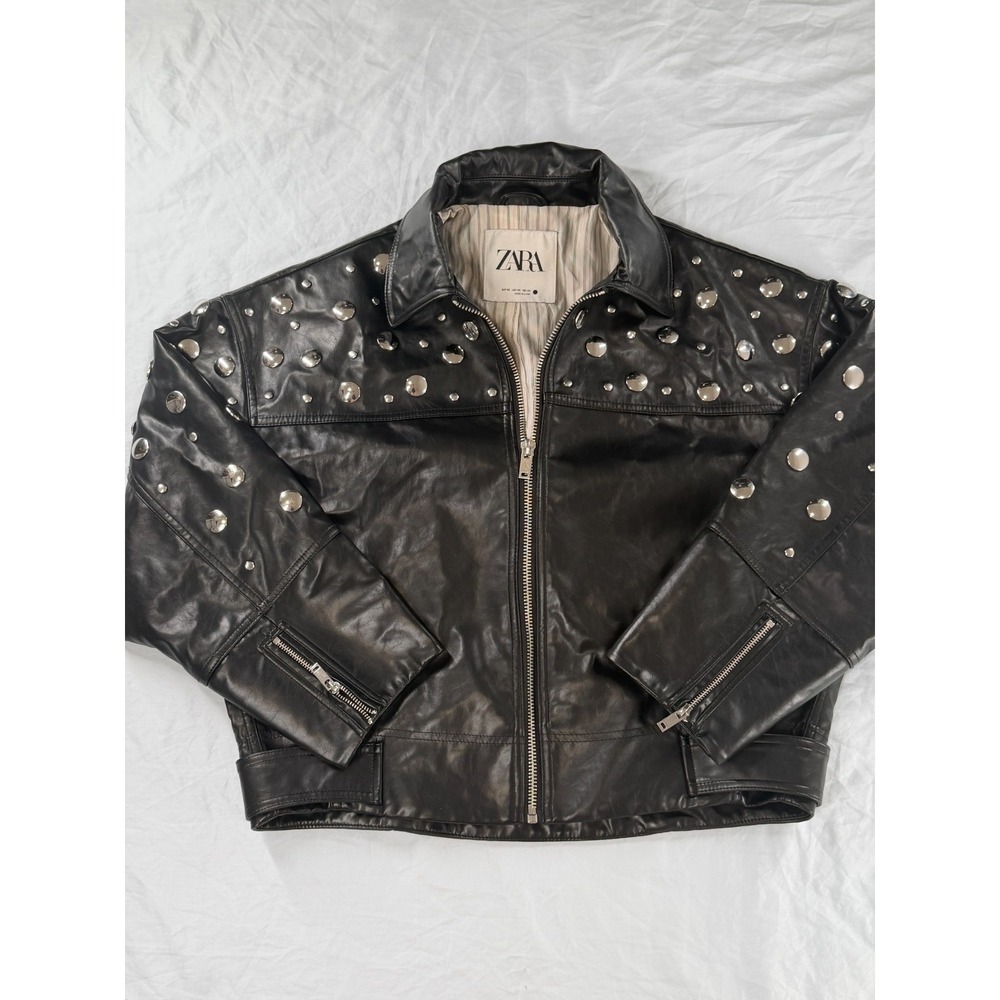 Zara Studded Faux Leather Cropped Jacket Black Silver Dome Studs Women XS AS IS